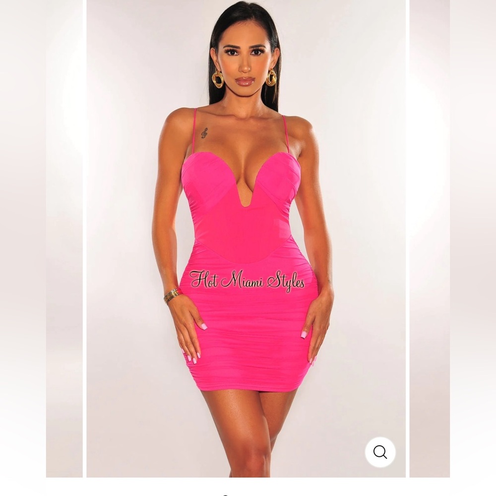 HOT PINK MESH SPAGHETTI STRAP PLUNGE V WIRE DRESS